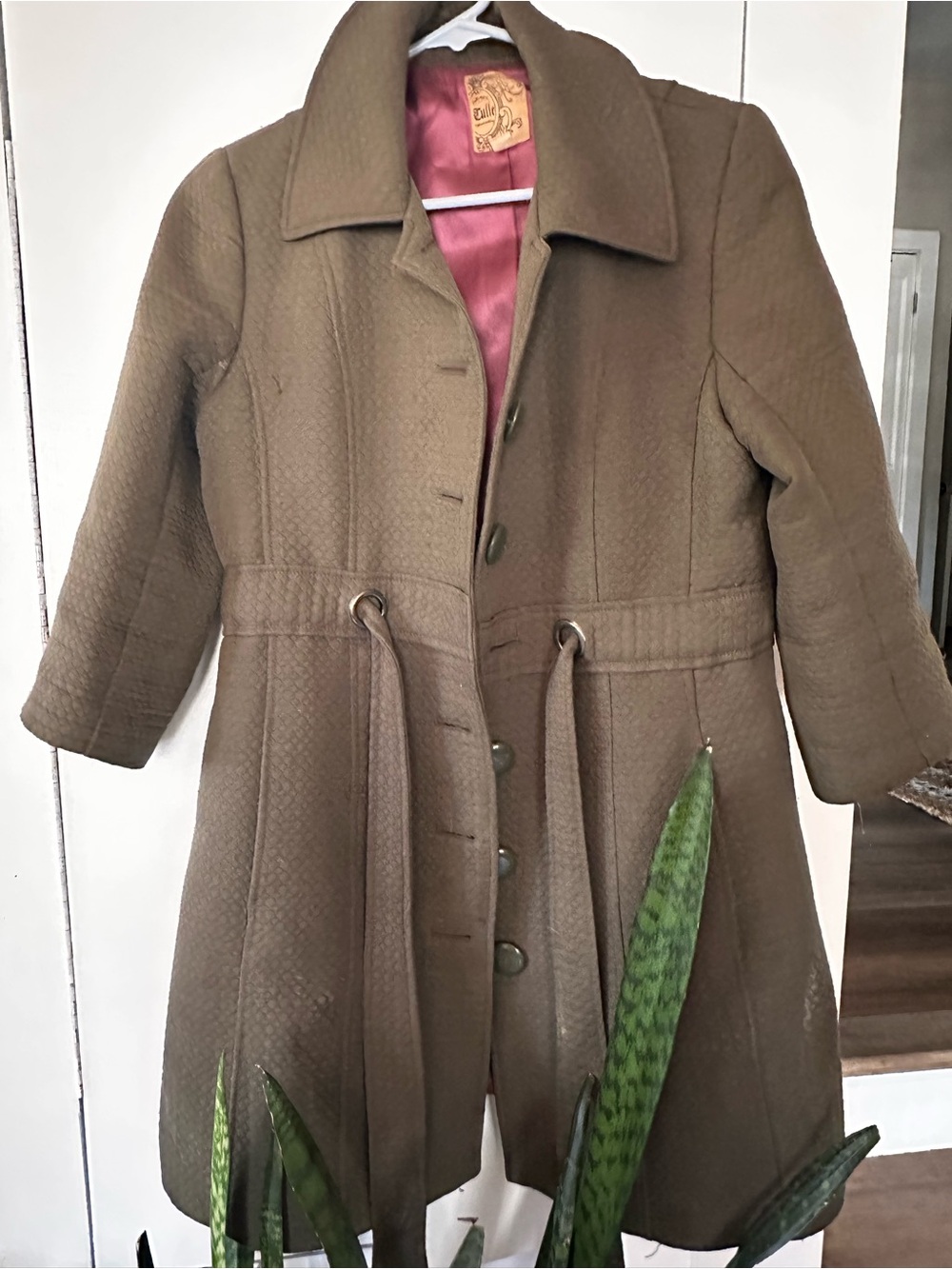 Classic Olive Women's Coat with Drawstring Waist